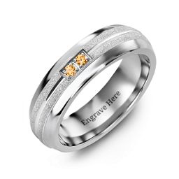 Men's Two Gemstone Ring with Banded Textured Inlay in Tungsten with Citrine