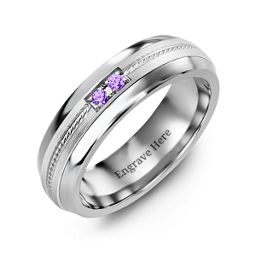 Men's Two Stone Ring with Rope Detail Inlay in Tungsten with Amethyst