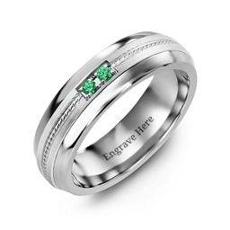 Men's Two Stone Ring with Rope Detail Inlay in Tungsten with Emerald
