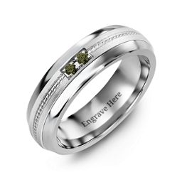 Men's Two Stone Ring with Rope Detail Inlay in Tungsten with Alexandrite