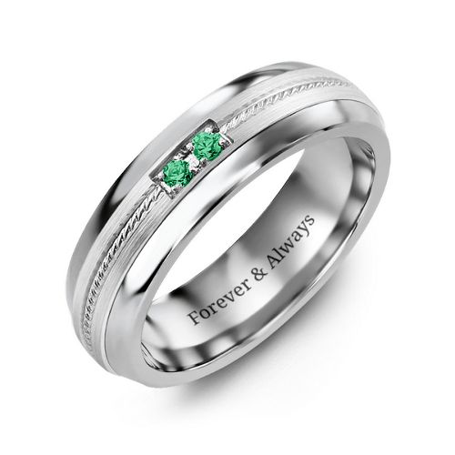 Men's Two Stone Ring with Rope Detail Inlay – Tungsten with Emerald