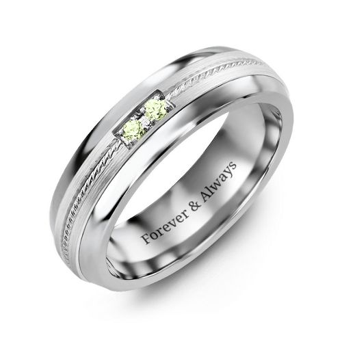 Men's Two Stone Ring with Rope Detail Inlay – Tungsten with Peridot