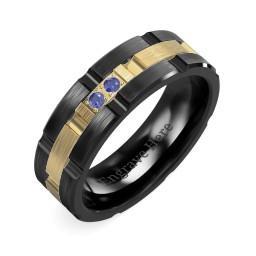 Men's Two Stone Grooved and Brushed Ring in Ceramic with Blue Sapphire
