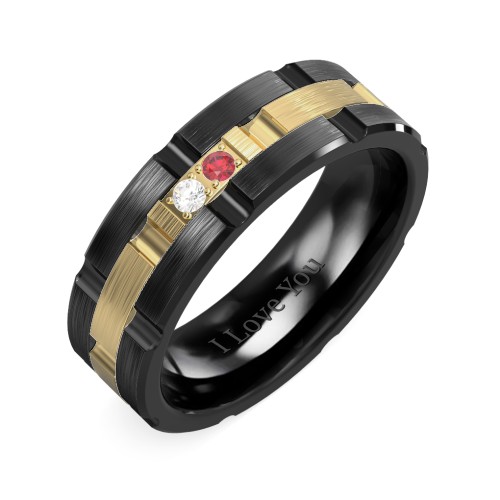 Men's Two Stone Grooved and Brushed Ring – Ceramic with Cubic Zirconia and Garnet