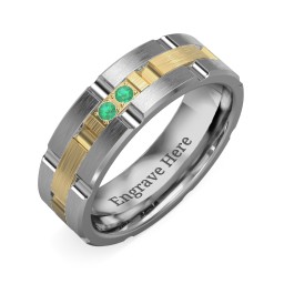 Men's Two Stone Grooved and Brushed Ring in Tungsten with Emerald
