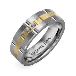 Men's Two Stone Grooved and Brushed Ring in Tungsten with Smokey Quartz
