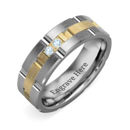 Men's Two Stone Grooved and Brushed Ring in Tungsten with Blue Topaz