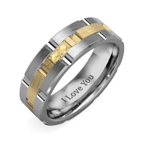 Men's Two Stone Grooved and Brushed Ring – Tungsten with Citrine