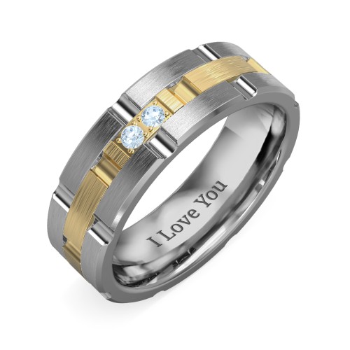 Men's Two Stone Grooved and Brushed Ring – Tungsten with Blue Topaz