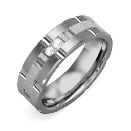 Men's Two Stone Grooved and Brushed Ring with Textured Inlay in Tungsten with Cubic Zirconia