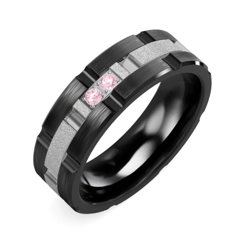 Men's Two Stone Grooved and Brushed Ring with Textured Inlay – Ceramic with Pink Tourmaline