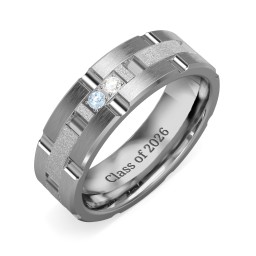 Men's Two Stone Grooved and Brushed Ring with Textured Inlay in Tungsten with Blue Topaz and Cubic Zirconia