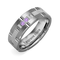 Men's Two Stone Grooved and Brushed Ring with Textured Inlay in Tungsten with Amethyst