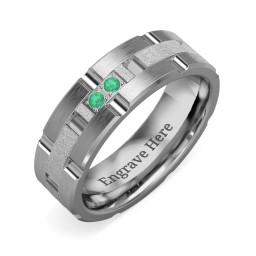 Men's Two Stone Grooved and Brushed Ring with Textured Inlay in Tungsten with Emerald