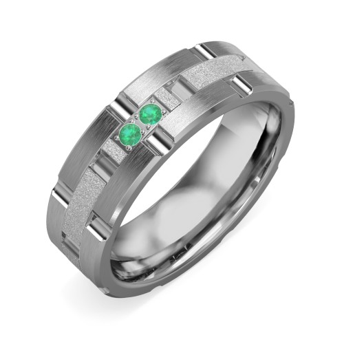 Men's Two Stone Grooved and Brushed Ring with Textured Inlay – Tungsten with Emerald
