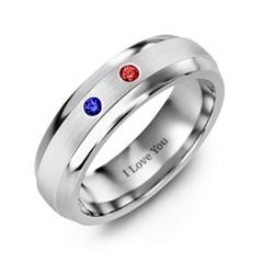 Men's Two Gemstone Dome Ring with Brushed Inlay – Tungsten with Alexandrite
