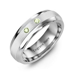 Men's Two Gemstone Dome Ring with Brushed Inlay in Tungsten with Peridot