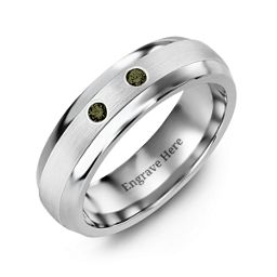 Men's Two Gemstone Dome Ring with Brushed Inlay in Tungsten with Alexandrite