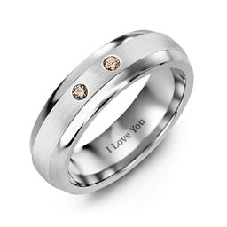 Men's Two Gemstone Dome Ring with Brushed Inlay in Tungsten with Opal