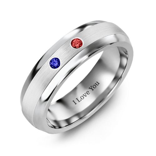 Men's Two Gemstone Dome Ring with Brushed Inlay – Tungsten with Blue Sapphire and Garnet