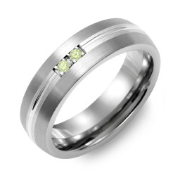 Men's 2-Stone Carved Dome Ring With Brushed Inlay in Tungsten with Peridot