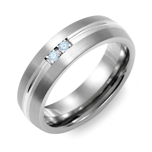 Men's 2-Stone Carved Dome Ring With Brushed Inlay – Tungsten with Aquamarine