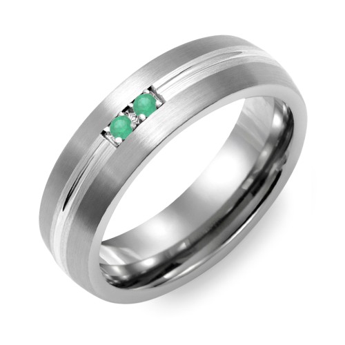Men's 2-Stone Carved Dome Ring With Brushed Inlay – Tungsten with Emerald