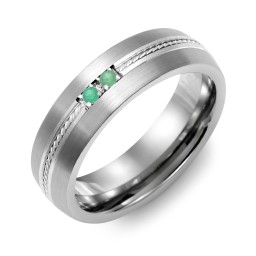 Men's 2-Stone Rope Dome Ring With Brushed Inlay in Tungsten with Emerald