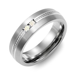 Men's 2-Stone Rope Dome Ring With Brushed Inlay in Tungsten with Opal