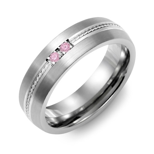 Men's 2-Stone Rope Dome Ring With Brushed Inlay – Tungsten with Pink Tourmaline