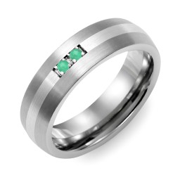 Men's 2-Stone Dome Ring With Brushed Inlay in Tungsten with Emerald