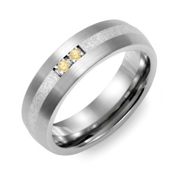 Men's 2-Stone Dome Ring With Sandblasted Inlay in Tungsten with Citrine