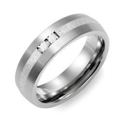 Men's 2-Stone Dome Ring With Sandblasted Inlay in Tungsten with Opal