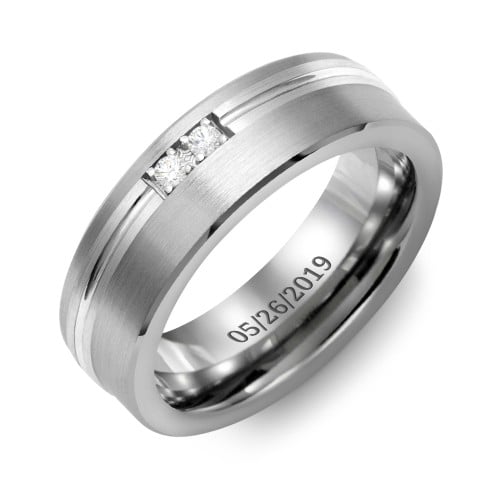 Men's 2-Stone Brushed Ring With Off-Centre Carved Line Inlay