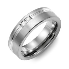 Men's 2-Stone Brushed Ring With Off-Centre Carved Line Inlay – Ceramic with Cubic Zirconia