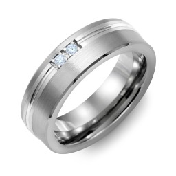 Men's 2-Stone Brushed Ring With Off-Centre Carved Line Inlay in Tungsten with Aquamarine