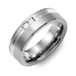 Men's 2-Stone Brushed Ring With Off-Centre Carved Line Inlay in Tungsten with Opal