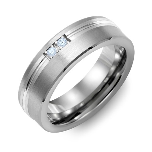 Men's 2-Stone Brushed Ring With Off-Centre Carved Line Inlay – Tungsten with Aquamarine