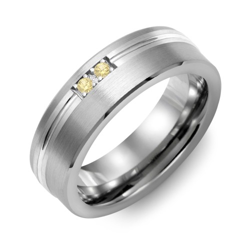 Men's 2-Stone Brushed Ring With Off-Centre Carved Line Inlay – Tungsten with Citrine