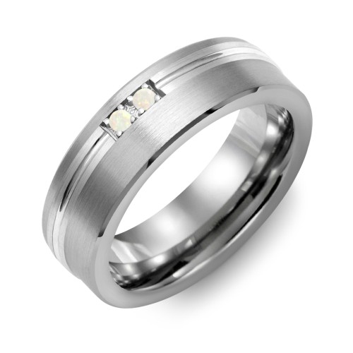 Men's 2-Stone Brushed Ring With Off-Centre Carved Line Inlay – Tungsten with Opal