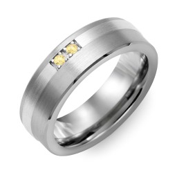 Men's 2-Stone Brushed Ring With Off-Centre Inlay in Tungsten with Citrine