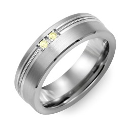 Men's 2-Stone Brushed Ring With Off-Centre Milgrain Inlay in Tungsten with Citrine