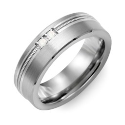 Men's 2-Stone Brushed Ring With Off-Centre Milgrain Inlay in Tungsten with Opal
