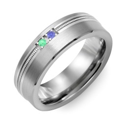 Men's 2-Stone Brushed Ring With Off-Centre Milgrain Inlay in Tungsten with Green Premium Zirconia and Blue Sapphire