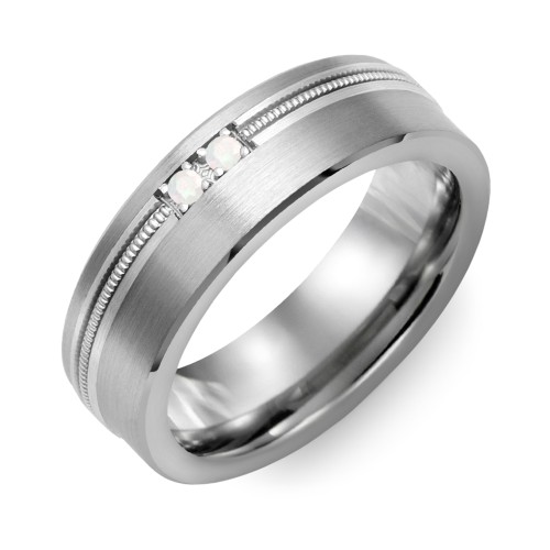 Men's 2-Stone Brushed Ring With Off-Centre Milgrain Inlay – Tungsten with Opal