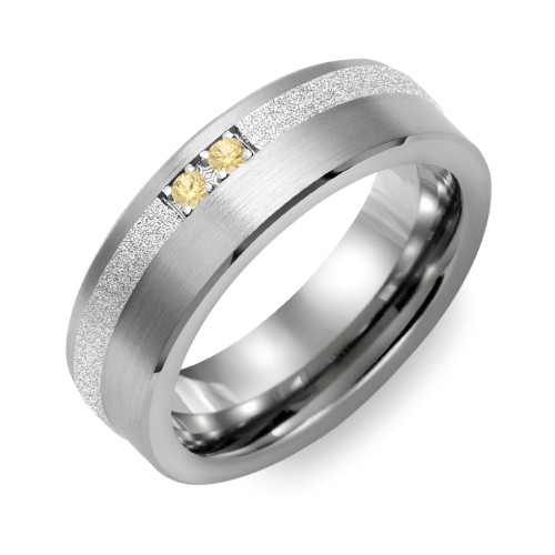 Men's 2-Stone Brushed Ring With Off-Centre Sandblasted Inlay – Tungsten with Citrine