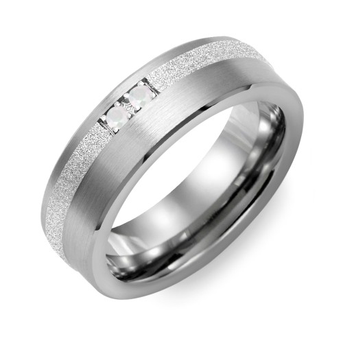 Men's 2-Stone Brushed Ring With Off-Centre Sandblasted Inlay – Tungsten with Opal