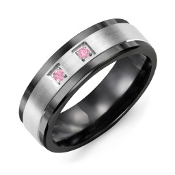Men's 2-Stone Brushed Ring With Inlay in Ceramic with Pink Tourmaline