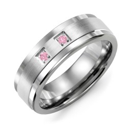 Men's 2-Stone Brushed Ring With Inlay in Tungsten with Pink Tourmaline
