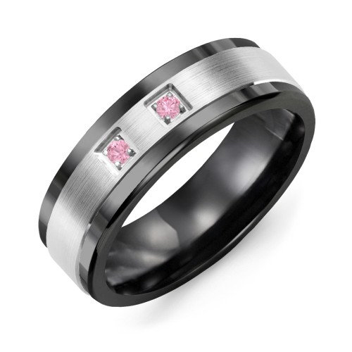 Men's 2-Stone Brushed Ring With Inlay – Ceramic with Pink Tourmaline